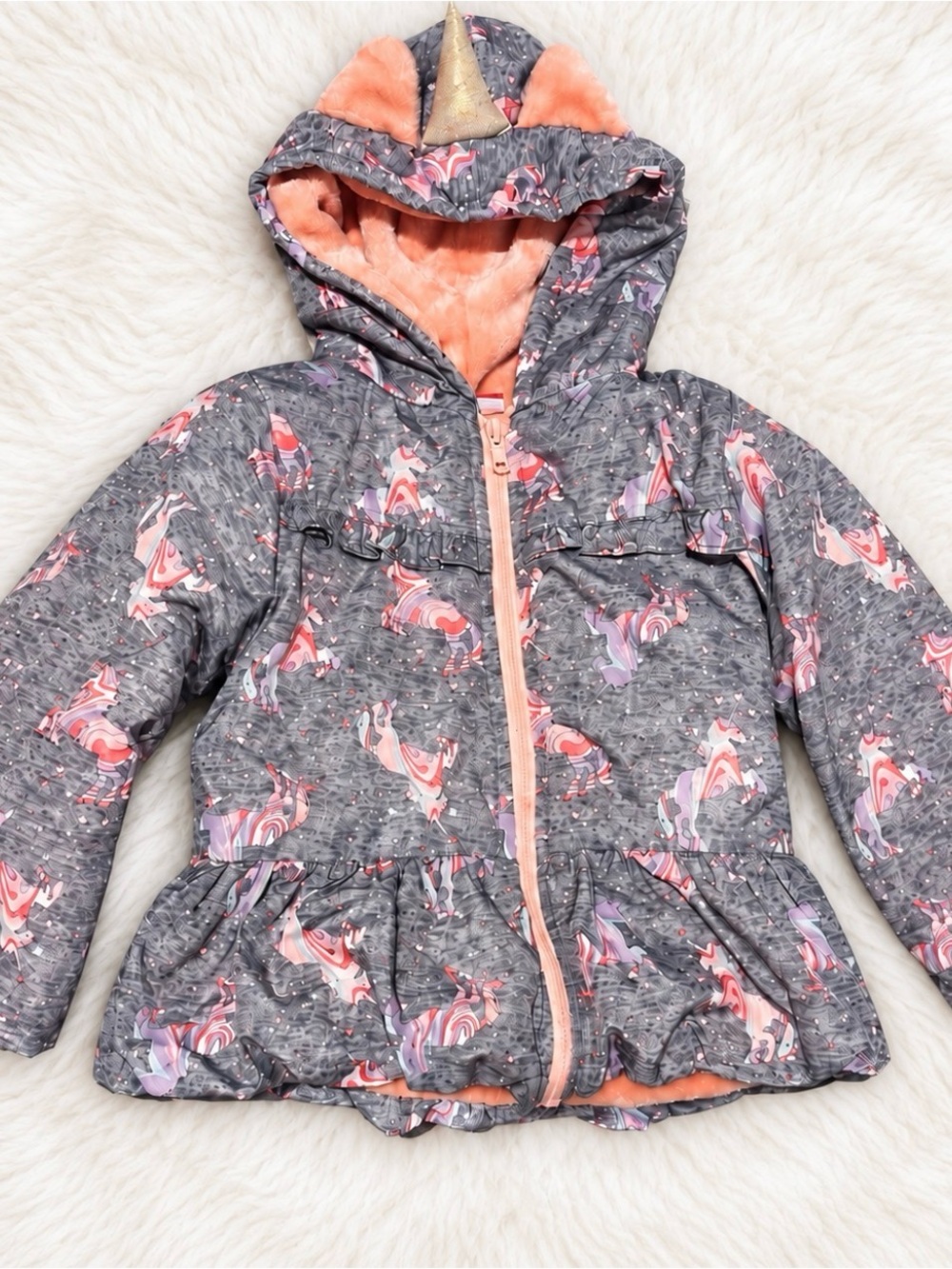 Toddlers 3T Gray Unicorn Print Puffer Jacket with Peach fluffy Lining
